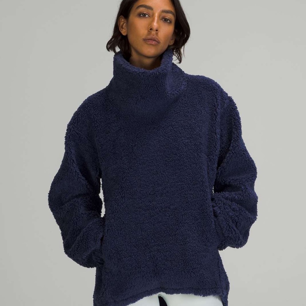 Lululemon Warmth Restore Long Pullover Fleece Sherpa Navy Pockets Mock - Picture 2 of 10